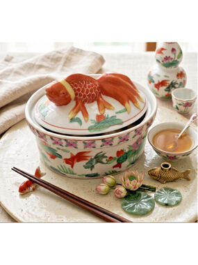Vintage Hand Painted Asian Koi Fish Serving Dish Casserole w/Lid Retro